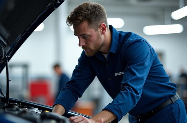 Mécanicien travaillant sous le capot d'une voiture dans un atelier propre