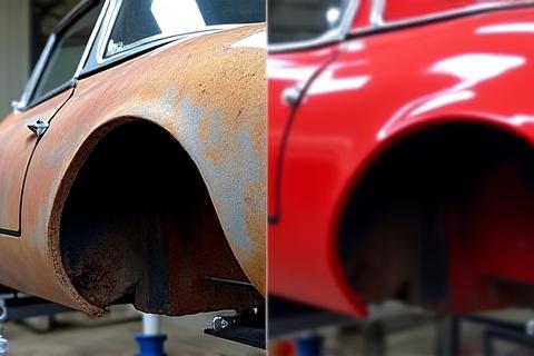 Photo avant/après d'une carrosserie de Jaguar E-Type, montrant la rouille et la tôle nue ('avant') contrastant avec une peinture polie et brillante ('après').