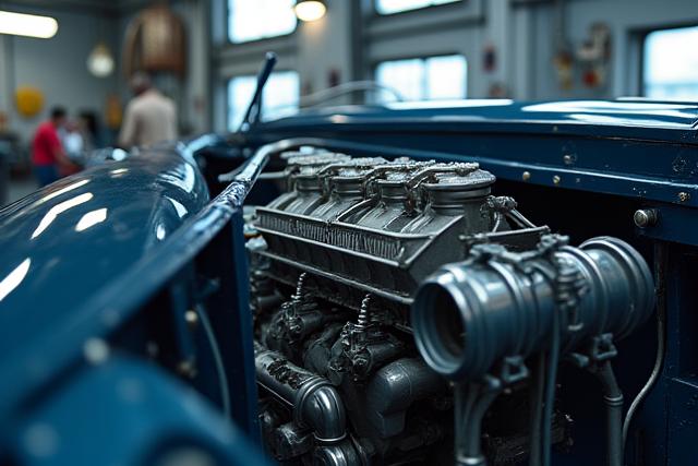 Image détaillée d'un moteur de voiture classique partiellement restaurée dans un atelier propre et bien éclairé.
