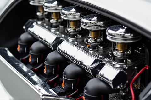 Gros plan sur un moteur V12 classique entièrement restauré, chromé et propre, montrant une précision mécanique.