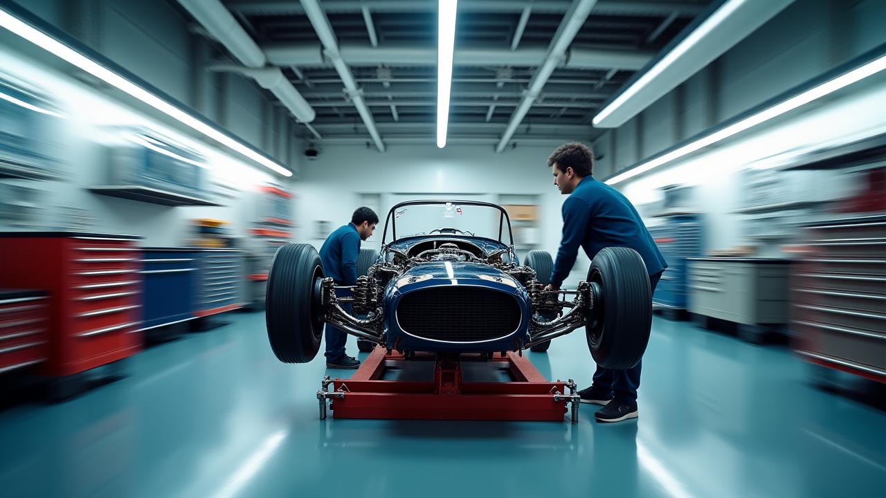 Image d'atelier avec un technicien travaillant intensément sur une voiture, suggérant l'action d'une vidéo en accéléré de restauration.